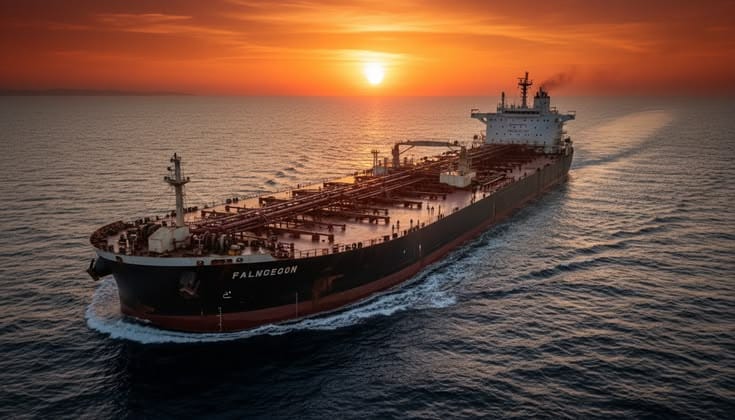 Petroleum tanker ship at sunset