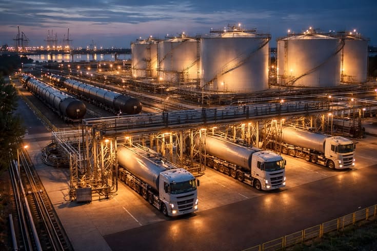 Petroleum terminal at night